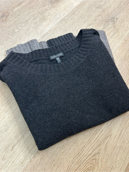 Eileen Fisher Yak Wool Silk Knit Black Gray Gradient Textured Crew Neck Sweater