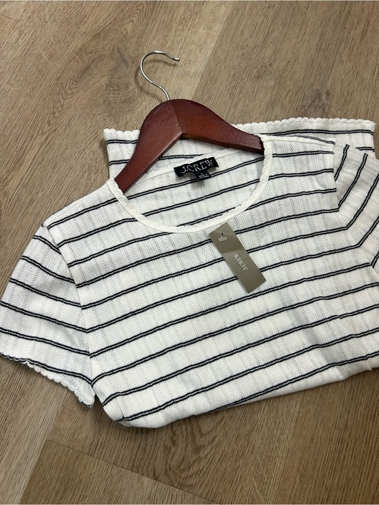 J. Crew 100% Cotton Pointelle Knit White Black Striped Crew Neck T - Shirt