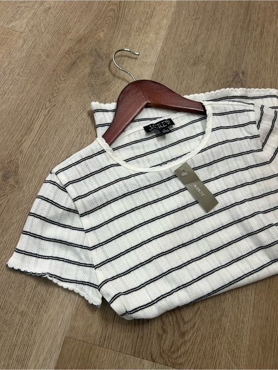 J. Crew 100% Cotton Pointelle Knit White Black Striped Crew Neck T - Shirt