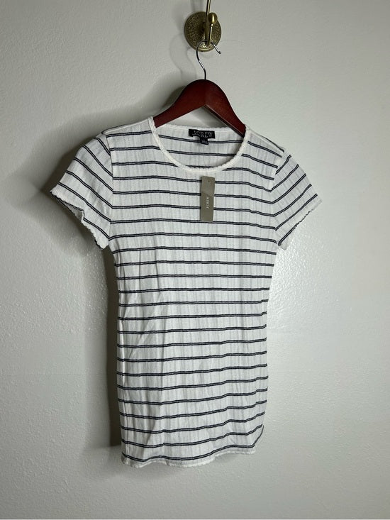 J. Crew 100% Cotton Pointelle Knit White Black Striped Crew Neck T - Shirt