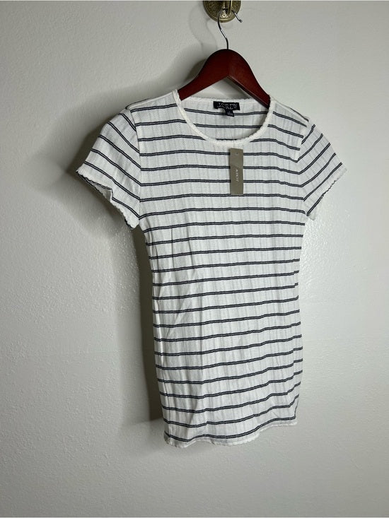 J. Crew 100% Cotton Pointelle Knit White Black Striped Crew Neck T - Shirt
