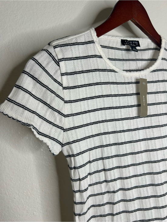 J. Crew 100% Cotton Pointelle Knit White Black Striped Crew Neck T - Shirt