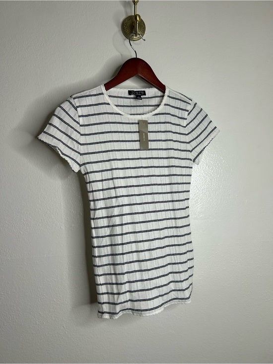 J. Crew 100% Cotton Pointelle Knit White Black Striped Crew Neck T - Shirt