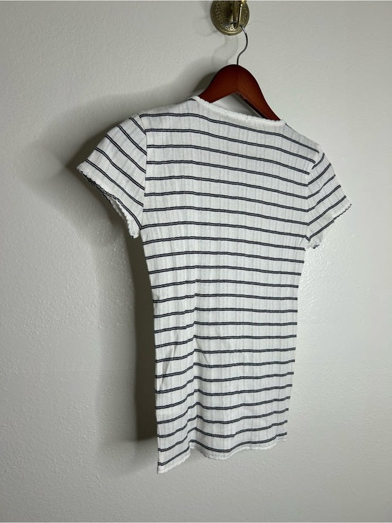 J. Crew 100% Cotton Pointelle Knit White Black Striped Crew Neck T - Shirt