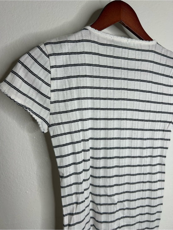 J. Crew 100% Cotton Pointelle Knit White Black Striped Crew Neck T - Shirt