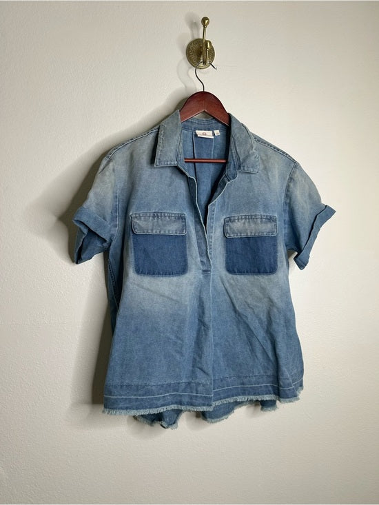 Ag Adriano Goldschmied AG 100% Cotton Two Tone Denim Distressed Oversized Boxy Fit Popover Top - Cotton, Denim
