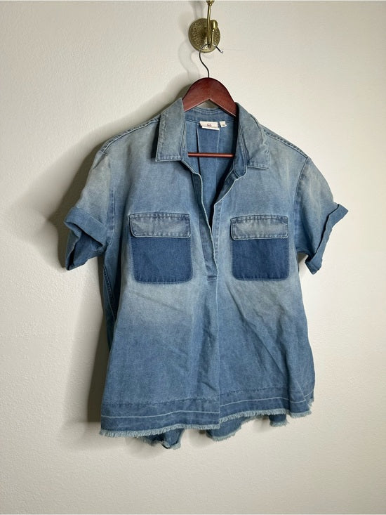 Ag Adriano Goldschmied AG 100% Cotton Two Tone Denim Distressed Oversized Boxy Fit Popover Top - Cotton, Denim