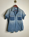 AG 100% Cotton Two Tone Denim Distressed Oversized Boxy Fit Popover Top