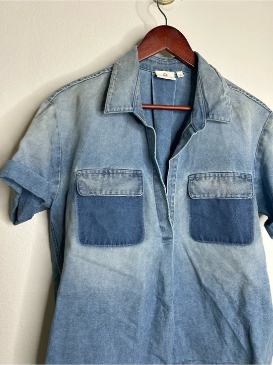 Ag Adriano Goldschmied AG 100% Cotton Two Tone Denim Distressed Oversized Boxy Fit Popover Top - Cotton, Denim