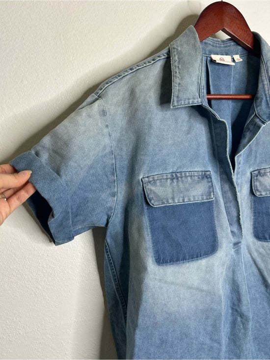 Ag Adriano Goldschmied AG 100% Cotton Two Tone Denim Distressed Oversized Boxy Fit Popover Top - Cotton, Denim