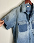 AG 100% Cotton Two Tone Denim Distressed Oversized Boxy Fit Popover Top