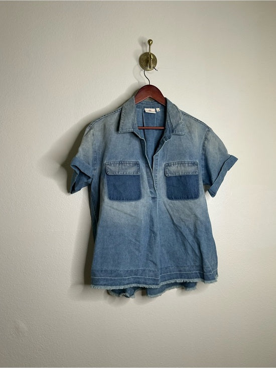 Ag Adriano Goldschmied AG 100% Cotton Two Tone Denim Distressed Oversized Boxy Fit Popover Top - Cotton, Denim