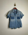 AG 100% Cotton Two Tone Denim Distressed Oversized Boxy Fit Popover Top