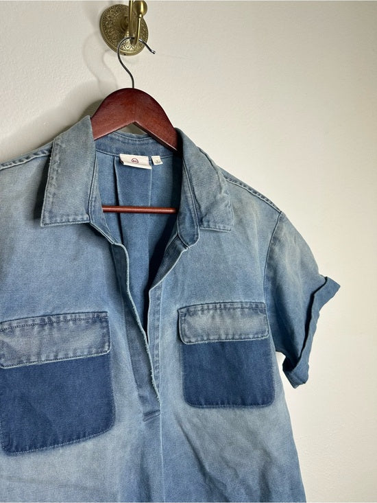Ag Adriano Goldschmied AG 100% Cotton Two Tone Denim Distressed Oversized Boxy Fit Popover Top - Cotton, Denim