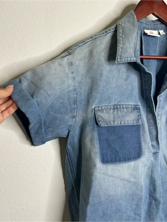 AG 100% Cotton Two Tone Denim Distressed Oversized Boxy Fit Popover Top