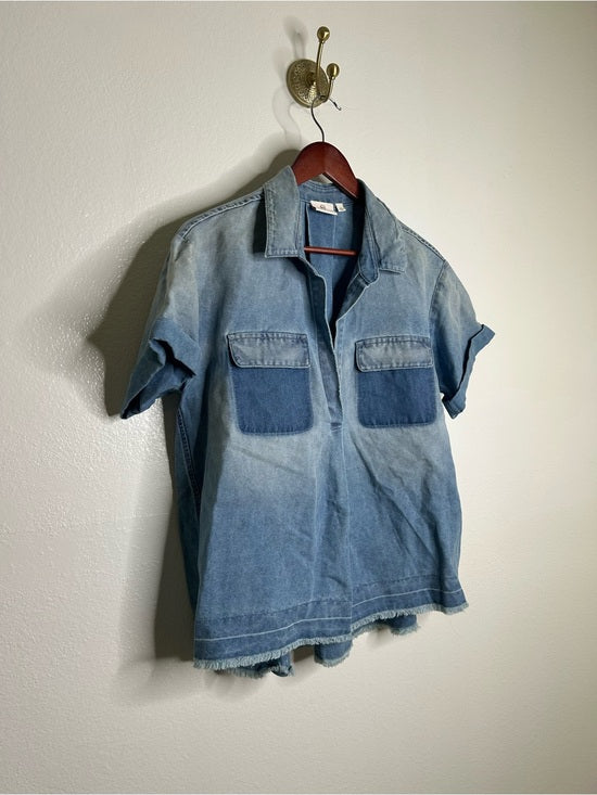 AG 100% Cotton Two Tone Denim Distressed Oversized Boxy Fit Popover Top