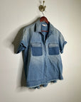 AG 100% Cotton Two Tone Denim Distressed Oversized Boxy Fit Popover Top