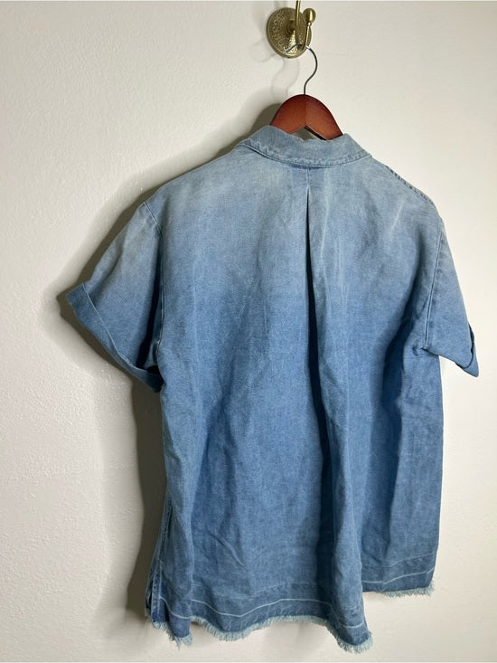 AG 100% Cotton Two Tone Denim Distressed Oversized Boxy Fit Popover Top