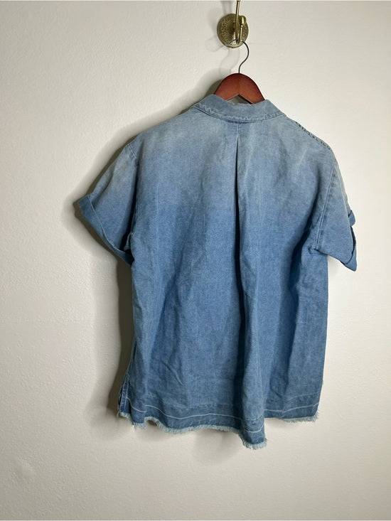 AG 100% Cotton Two Tone Denim Distressed Oversized Boxy Fit Popover Top