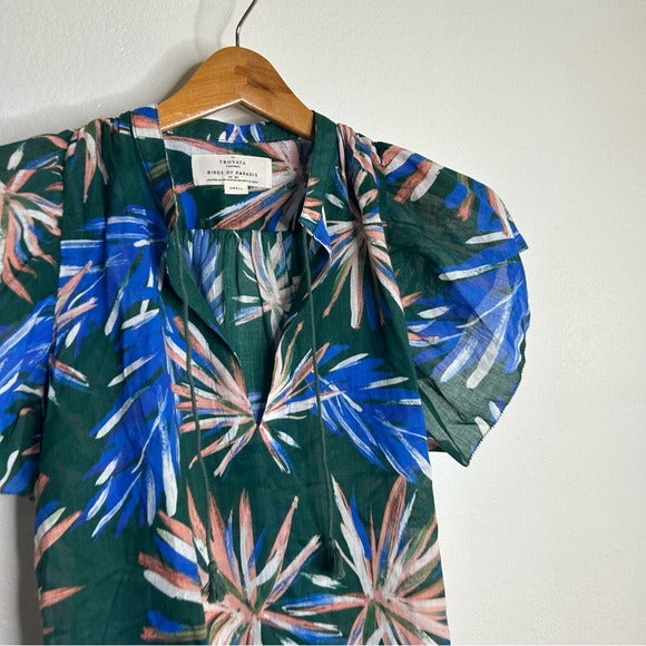 Trovata Trovata Birds of Paradis Cotton Ramie Short Sleeve Lightweight Blouse Top - Cotton
