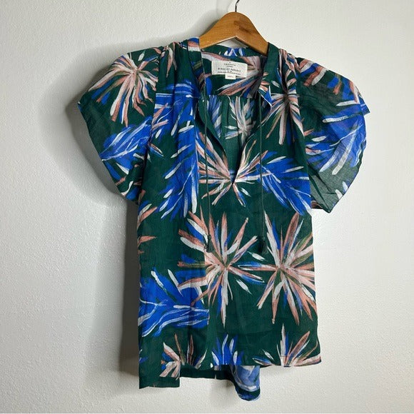 Trovata Trovata Birds of Paradis Cotton Ramie Short Sleeve Lightweight Blouse Top - Cotton