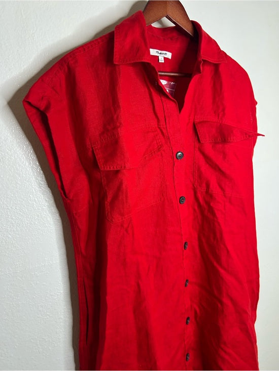 Madewell 100% Linen Utility Short-Sleeve Mini Shirtdress in Festival Red