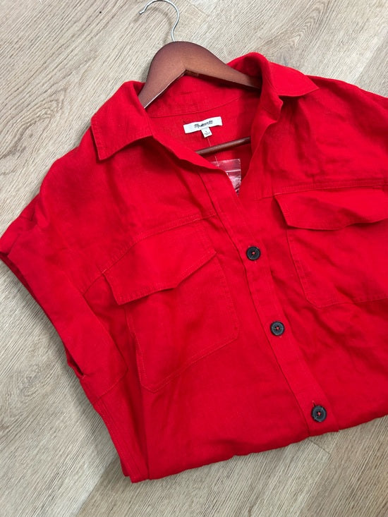Madewell 100% Linen Utility Short-Sleeve Mini Shirtdress in Festival Red