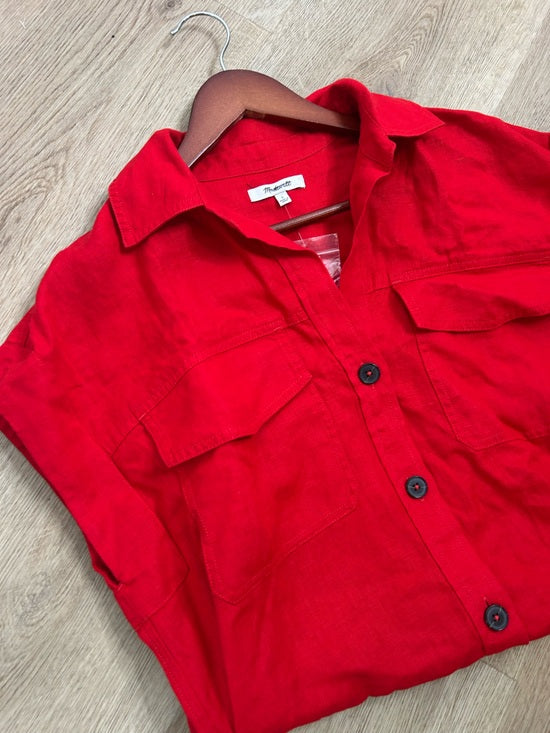 Madewell 100% Linen Utility Short-Sleeve Mini Shirtdress in Festival Red