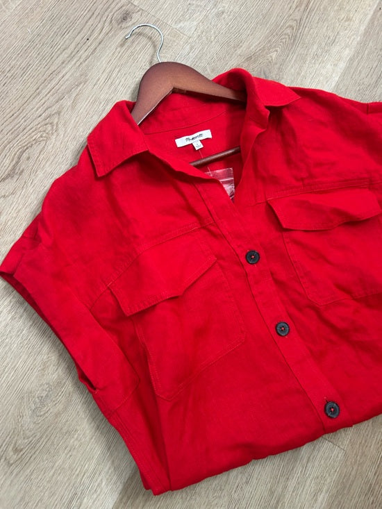 Madewell 100% Linen Utility Short-Sleeve Mini Shirtdress in Festival Red