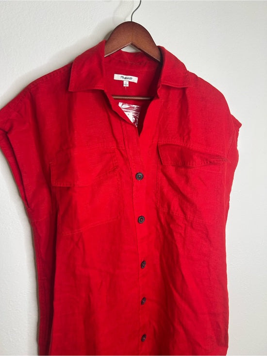 Madewell 100% Linen Utility Short-Sleeve Mini Shirtdress in Festival Red