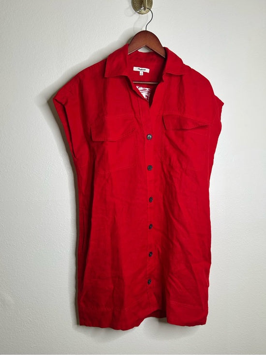 Madewell 100% Linen Utility Short-Sleeve Mini Shirtdress in Festival Red