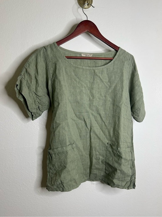 Francesca Bettini 100% Linen Sage Green Short Sleeve Slouchy Fit Top
