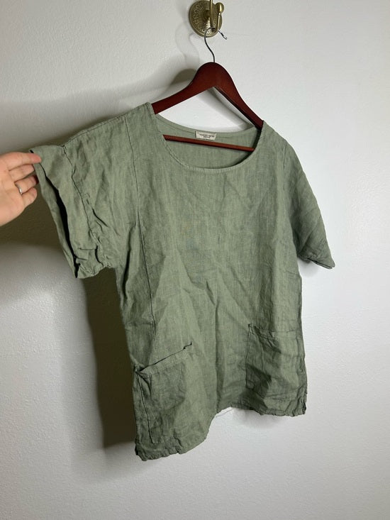 Francesca Bettini 100% Linen Sage Green Short Sleeve Slouchy Fit Top
