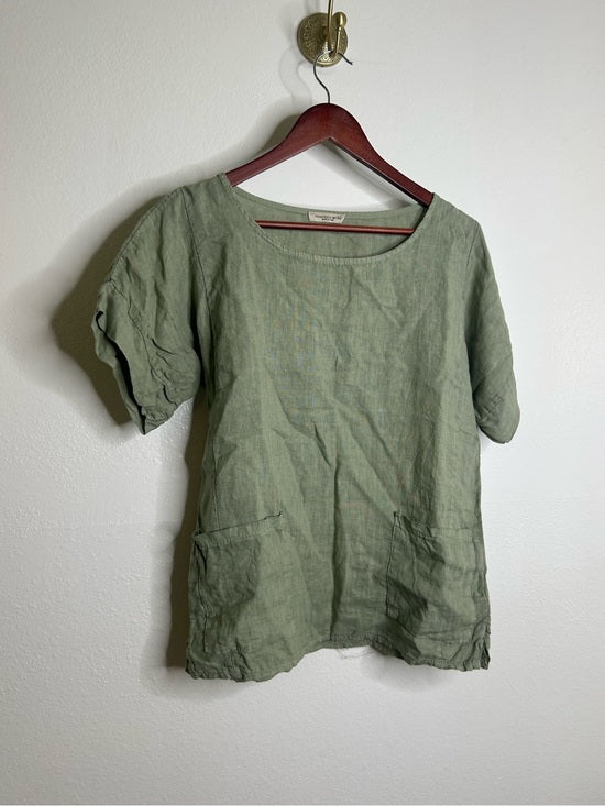 Francesca Bettini 100% Linen Sage Green Short Sleeve Slouchy Fit Top