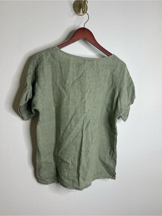 Francesca Bettini 100% Linen Sage Green Short Sleeve Slouchy Fit Top