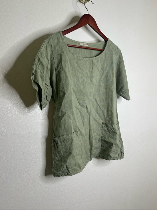 Francesca Bettini 100% Linen Sage Green Short Sleeve Slouchy Fit Top