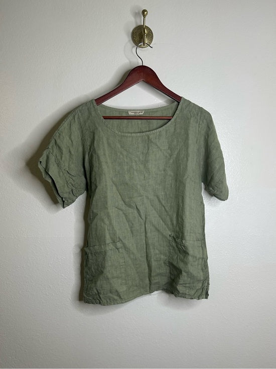 Francesca Bettini 100% Linen Sage Green Short Sleeve Slouchy Fit Top