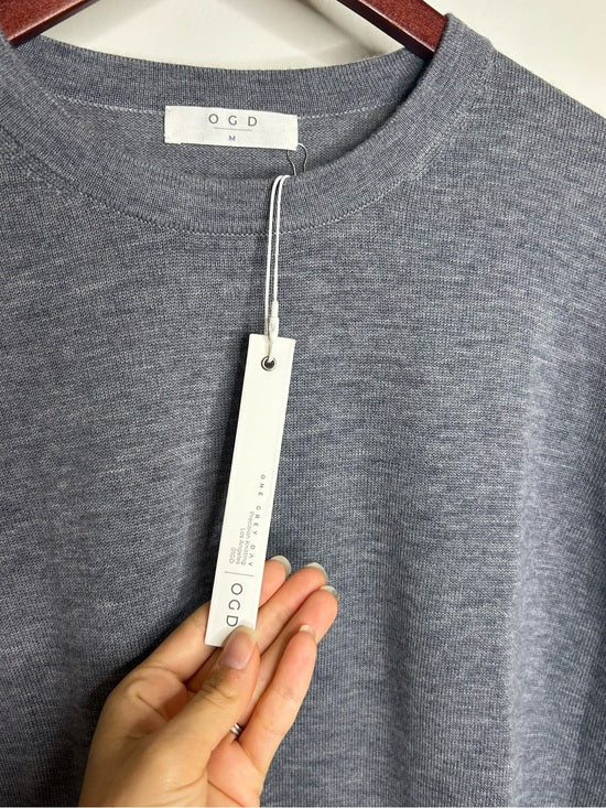 One Grey Day 100% Merino Wool Fine Knit Gray Crew Neck Pullover Sweater