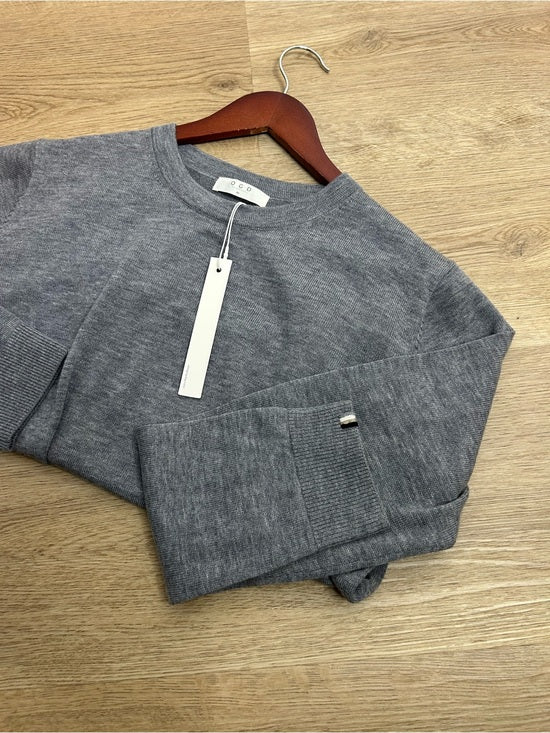One Grey Day 100% Merino Wool Fine Knit Gray Crew Neck Pullover Sweater