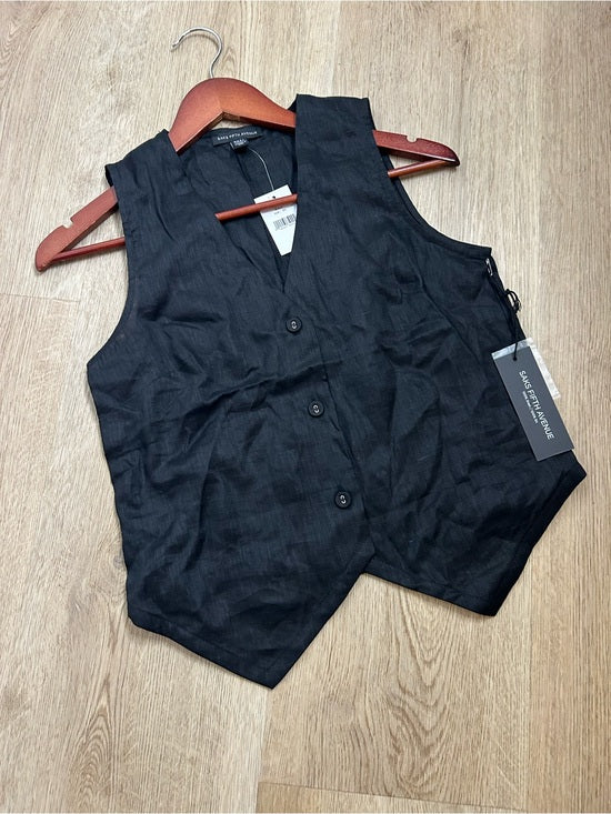 Saks Fifth Avenue 100% Linen Black Button Down V- Neck Fitted Vest Top