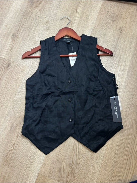 Saks Fifth Avenue 100% Linen Black Button Down V- Neck Fitted Vest Top