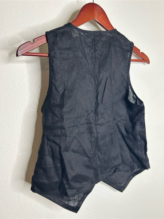 Saks Fifth Avenue 100% Linen Black Button Down V- Neck Fitted Vest Top
