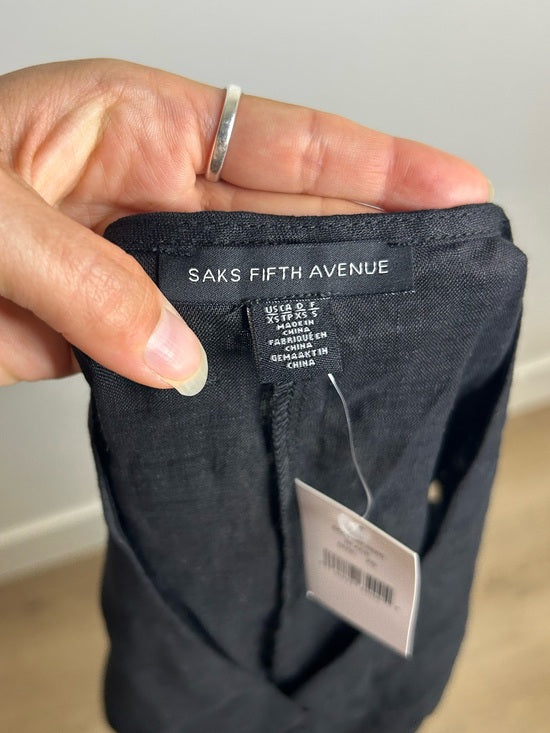 Saks Fifth Avenue 100% Linen Black Button Down V- Neck Fitted Vest Top