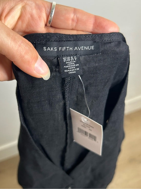 Saks Fifth Avenue 100% Linen Black Button Down V- Neck Fitted Vest Top