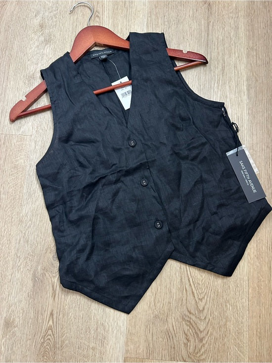 Saks Fifth Avenue 100% Linen Black Button Down V- Neck Fitted Vest Top