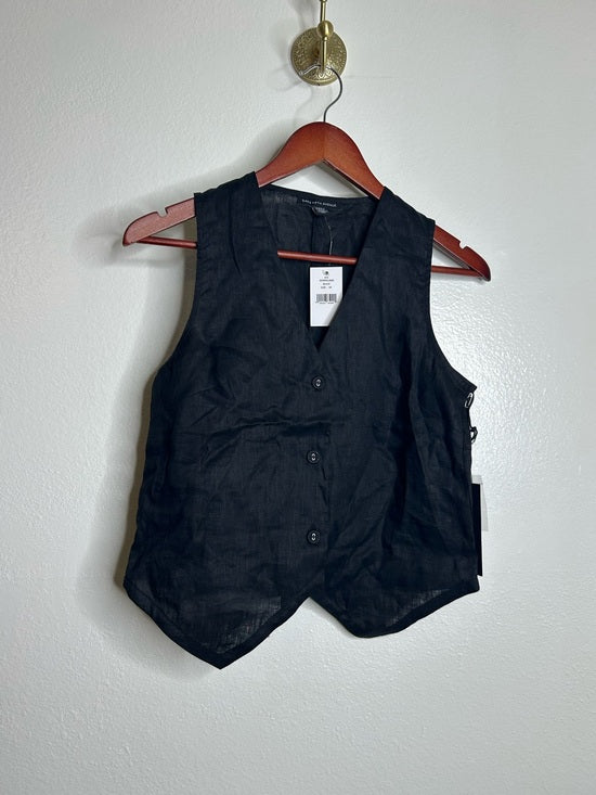 Saks Fifth Avenue 100% Linen Black Button Down V- Neck Fitted Vest Top