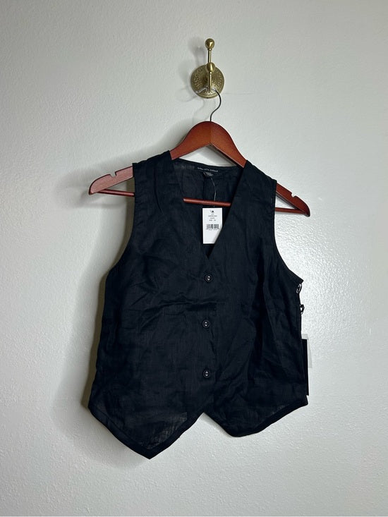 Saks Fifth Avenue 100% Linen Black Button Down V- Neck Fitted Vest Top
