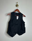 Saks Fifth Avenue 100% Linen Black Button Down V- Neck Fitted Vest Top
