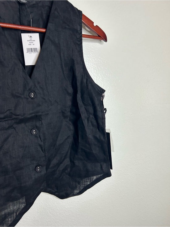 Saks Fifth Avenue 100% Linen Black Button Down V- Neck Fitted Vest Top