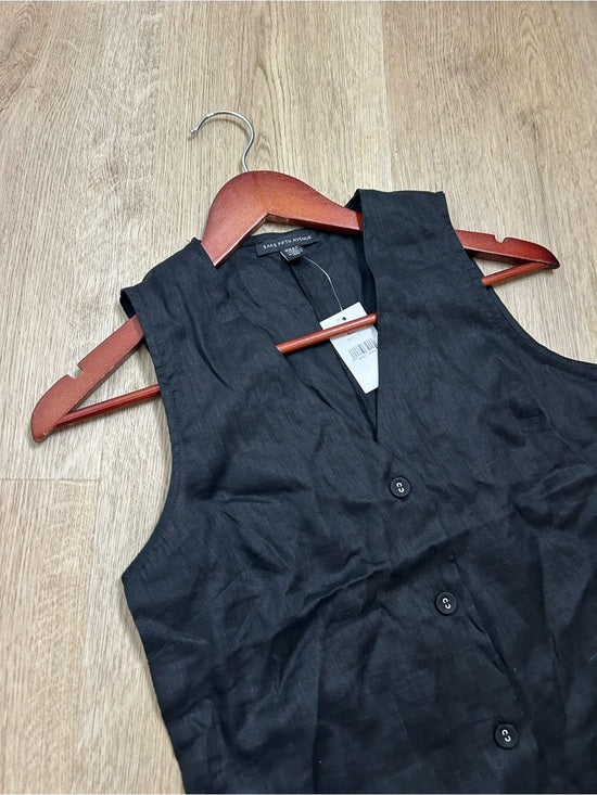 Saks Fifth Avenue 100% Linen Black Button Down V- Neck Fitted Vest Top